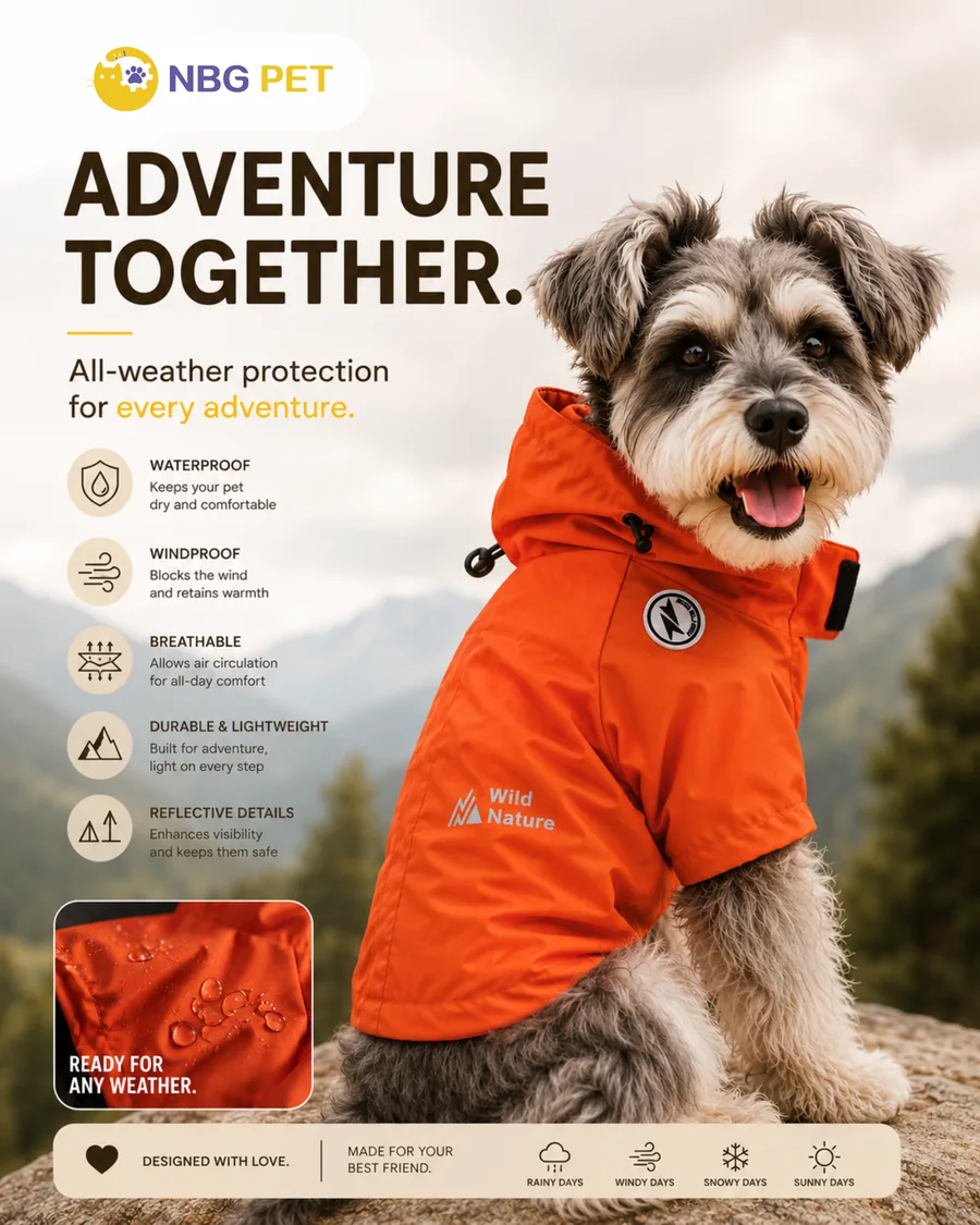 Dog wearing the matching orange all-weather NBG Pet jacket