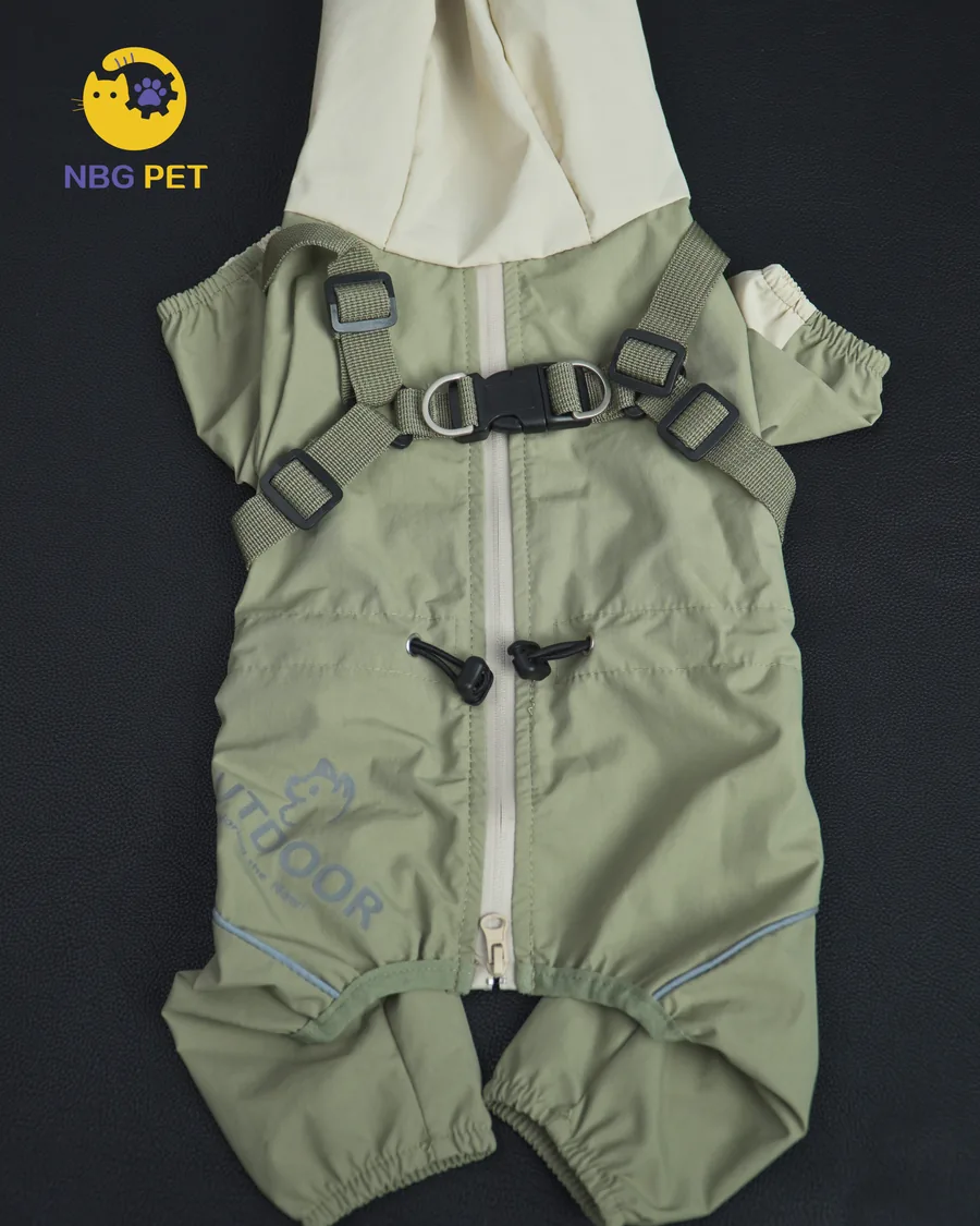 Green dog outdoor suit with integrated harness by NBG Pet