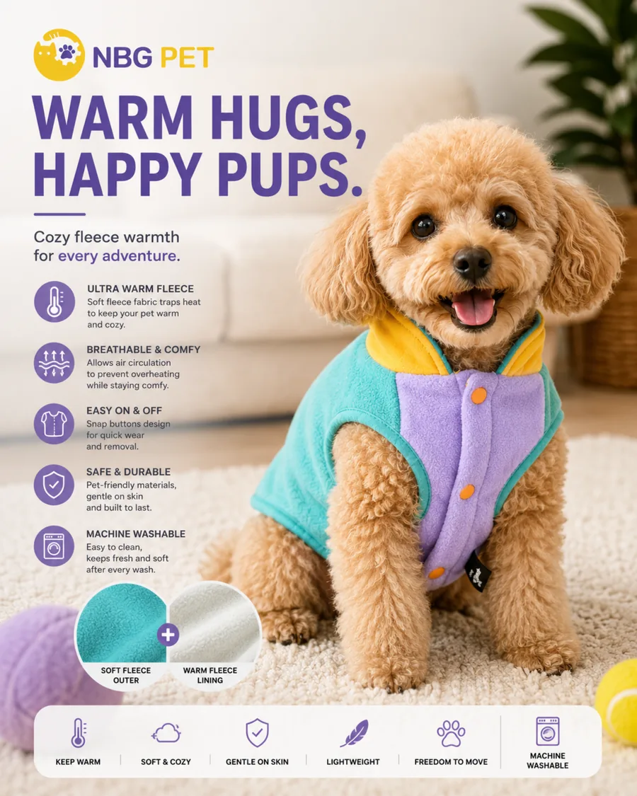 Dog wearing the matching color-block fleece vest