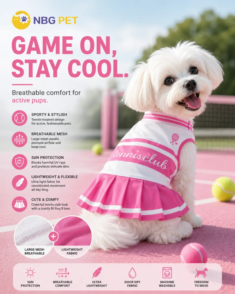 Dog wearing the matching pink breathable sports dress