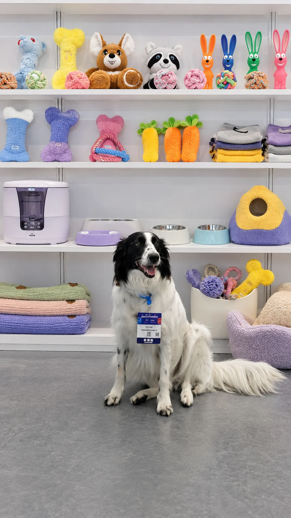 Our black-and-white canine partner surrounded by NBG PET products at the exhibition booth