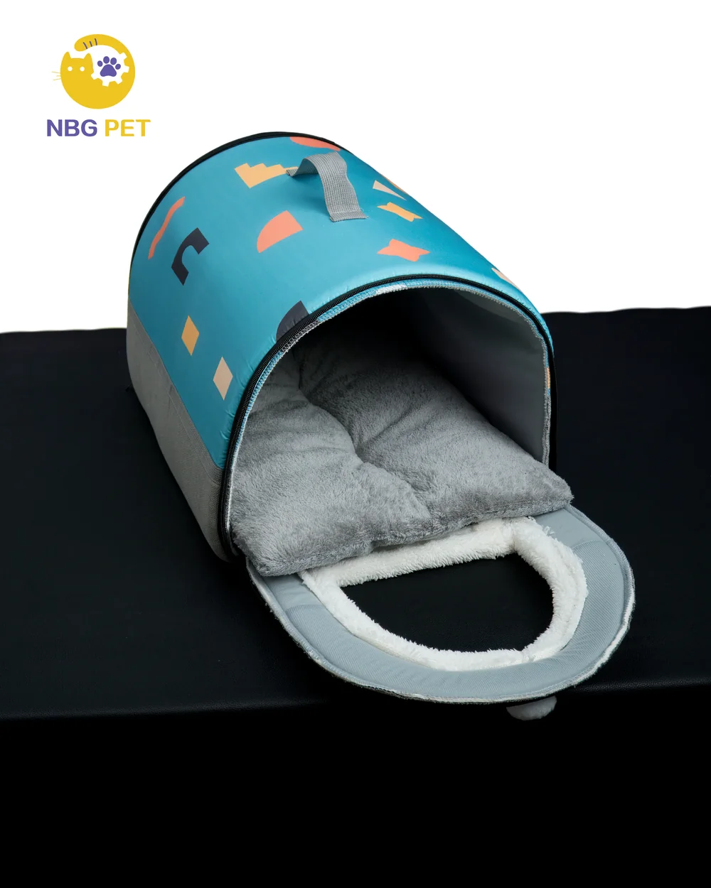 Blue portable cave bed with removable cushion