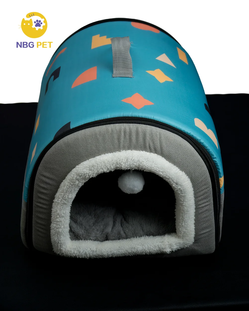 Front view of the blue portable cave bed