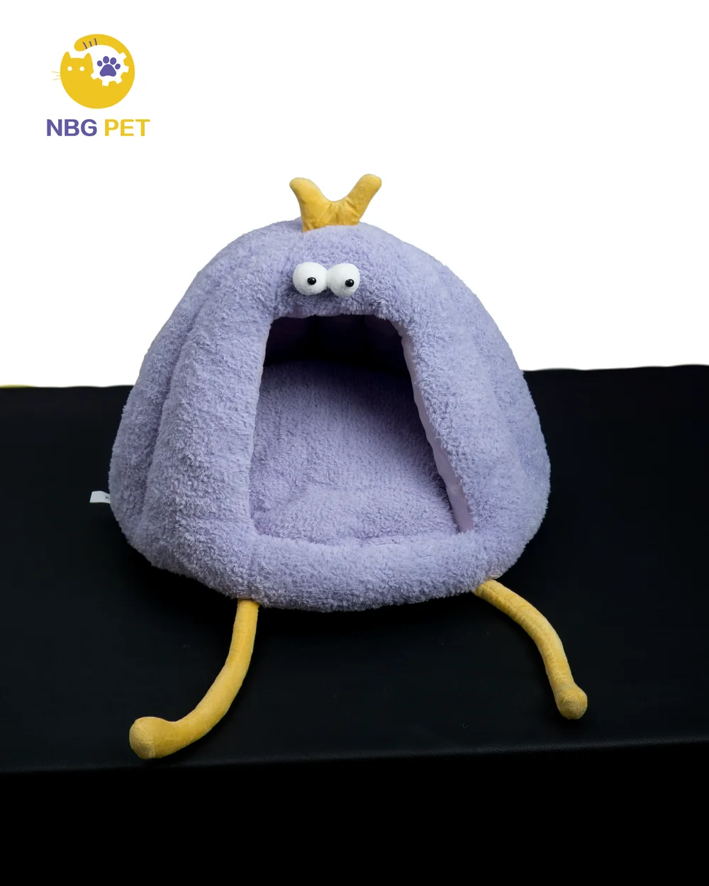 Front view of the purple monster cave bed by NBG Pet